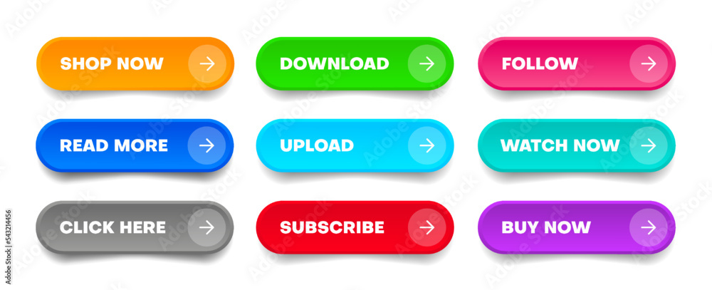 Leinwandbilder 3d click here web buttons. Set of action button, hand cursor and arrow pointing click link buttons. Add to cart, shop now, upload, downloa buttons. Online shopping icons for UI UX website, mobile app