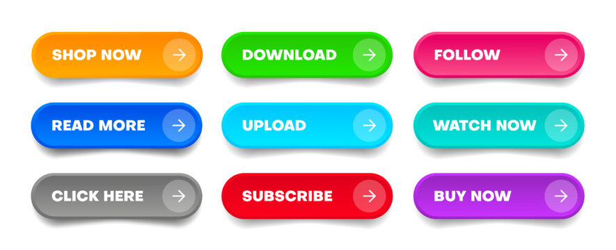 3d click here web buttons. Set of action button, hand cursor and arrow pointing click link buttons. Add to cart, shop now, upload, downloa buttons. Online shopping icons for UI UX website, mobile app