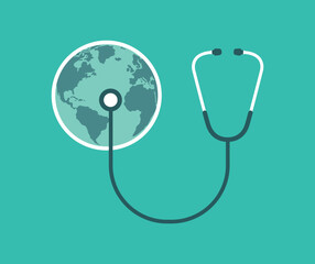 Earth icon with stethoscope. Green background. Vector illustration. 