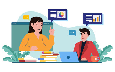 Businesspeople work at home and virtual video conference meeting with colleague's businesspeople, online working. vector illustration