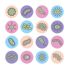 Germs and Bacteria circle Icon Set - vector illustration - pink, blue, orange, purple, green