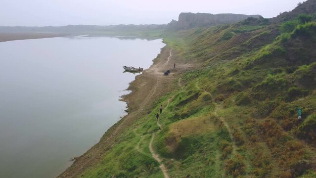 Hills and Ravines of Chambal river Aerial Drone shot