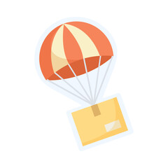 Cardboard box flying on parachute sticker cartoon illustration. Air shipping. Logistics, air delivery, transportation concept