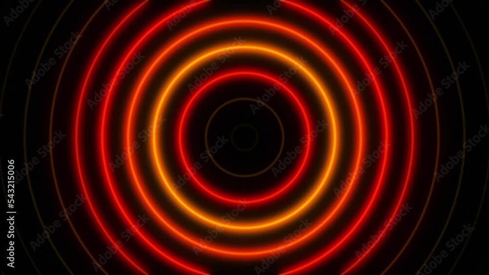 Poster abstract seamless loop neon orange concentric circle on a black background. bright neon lights motio