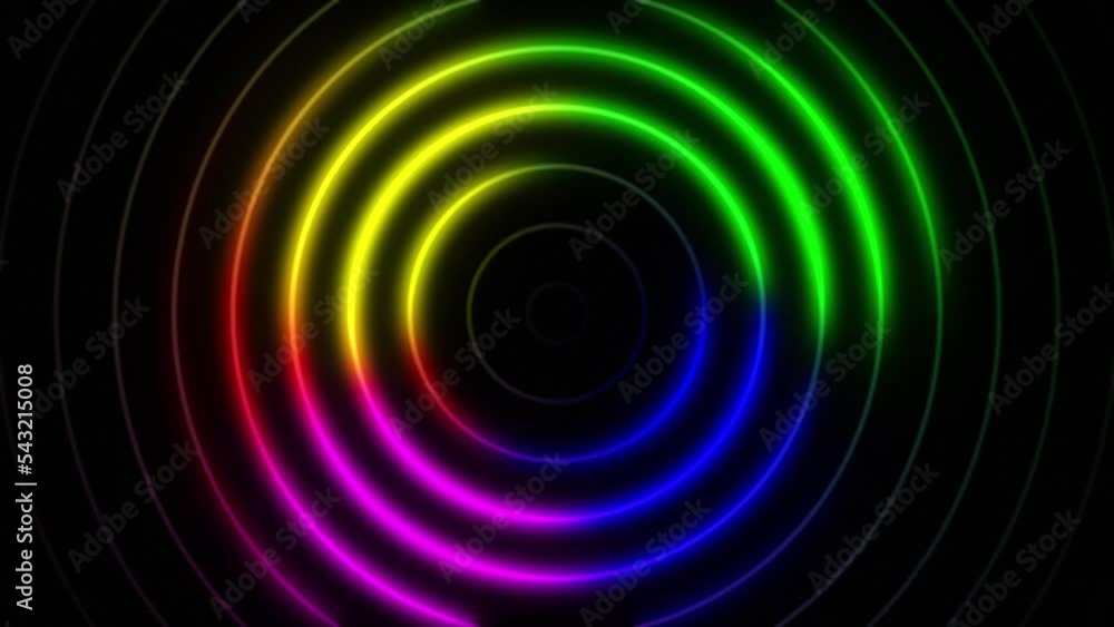 Poster abstract seamless loop neon four colours gradient concentric circle on a black background. bright ne