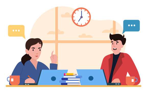 Team discussing ideas for startup. Business men and woman working on computer and talking together. vector illustration.