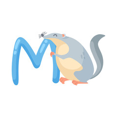 Mouse character with alphabet letter m vector illustration. Cute comic animal with ABC for preschool children book isolated on white background. Education concept