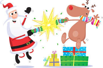 Christmas card fun cartoon design of Santa Claus and Rudolph the red-nosed reindeer pulling a Christmas cracker together.