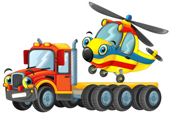 happy cartoon tow truck driver with helicopter
