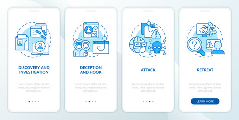 Fototapeta na wymiar Stages of cybercrime attacks blue onboarding mobile app screen. Walkthrough 4 steps editable graphic instructions with linear concepts. UI, UX, GUI template. Myriad Pro-Bold, Regular fonts used