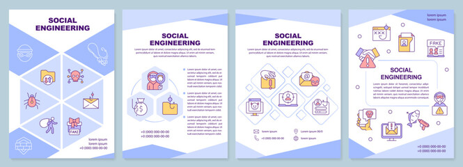 Social engineering blue brochure template. Security hacker. Leaflet design with linear icons. Editable 4 vector layouts for presentation, annual reports. Arial-Black, Myriad Pro-Regular fonts used