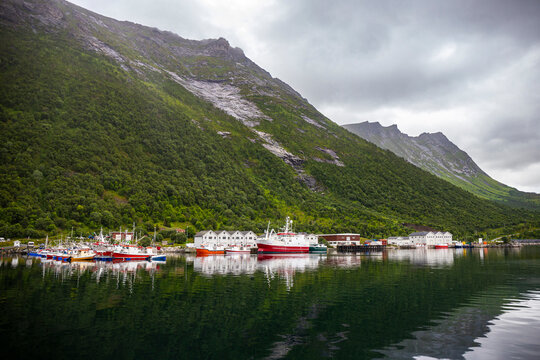 panorama of senja island, norway, overlooking the small island of husoy and its harbour; the famous norwegian fjords