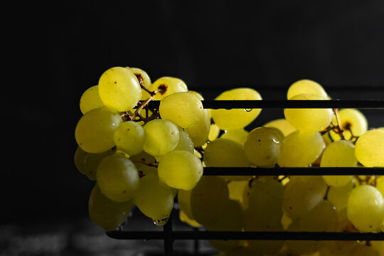 Kishmish grapes in a metal black grid stand, on a black background, in a low key, dark photo