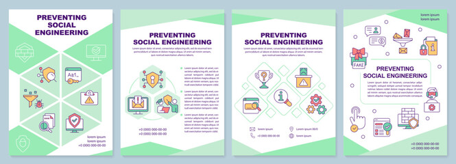 Preventing social engineering green brochure template. Safety. Leaflet design with linear icons. Editable 4 vector layouts for presentation, annual reports. Arial-Black, Myriad Pro-Regular fonts used
