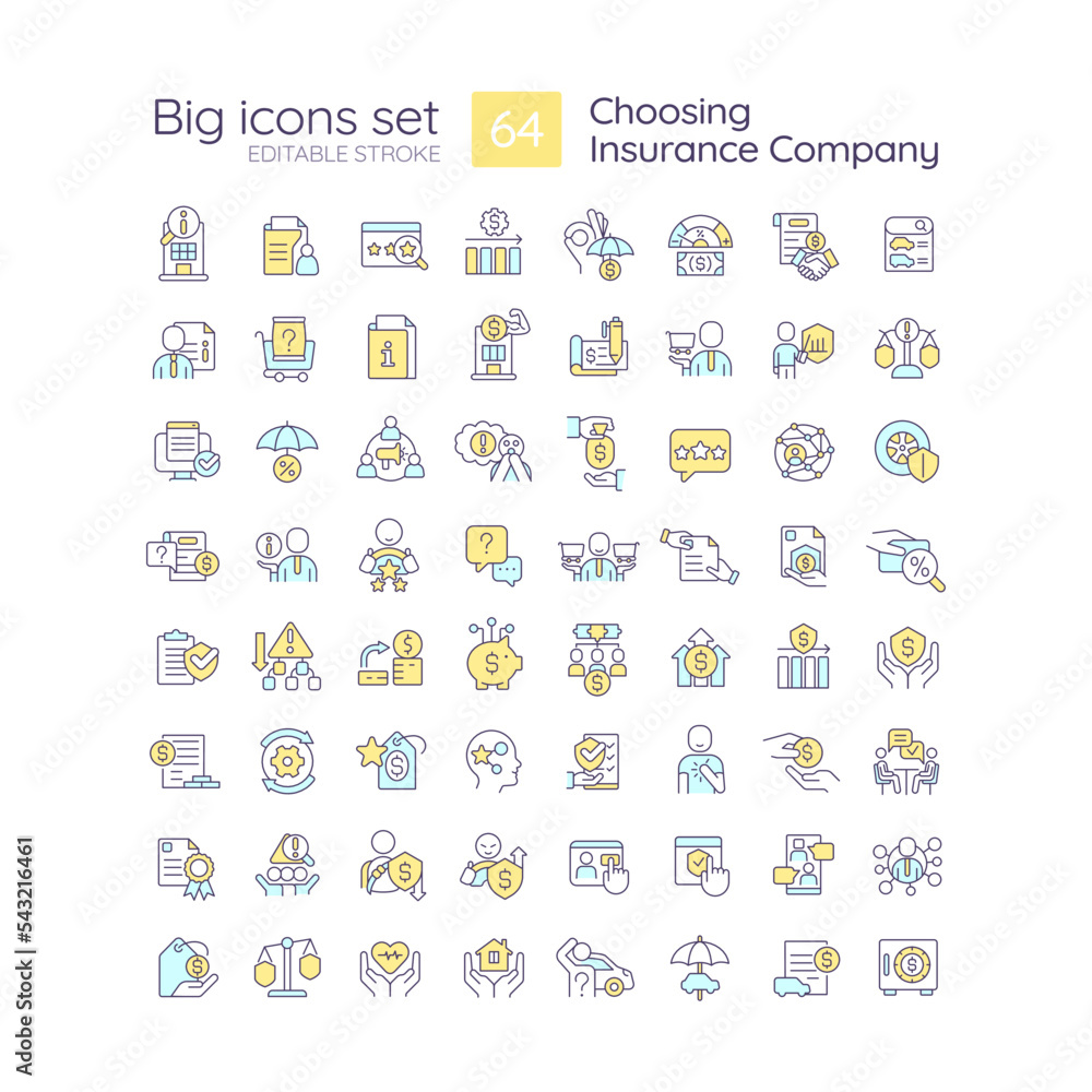 Poster choosing insurance company rgb color icons set. policyholders benefits. coverage. isolated vector il