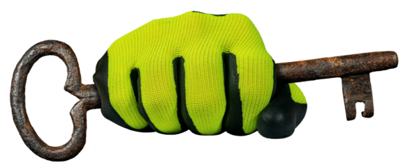 Manual worker with protective work gloves holding a large rusty ancient key, isolated on white or transparent background, png.