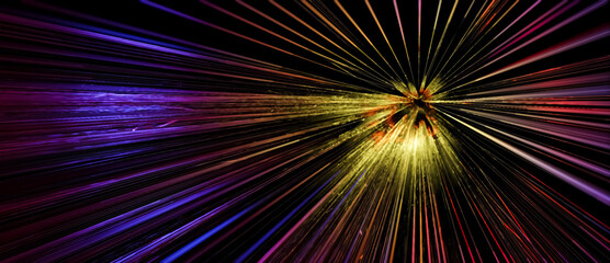 Abstract 3D illustration of glowing bright neon light streaks in motion. Visualization of data transfer, rapid movement or cyberspace on black background