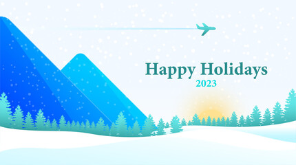 New Year Christmas card winter landscape with airplane and tree forest and snow nature with sunset