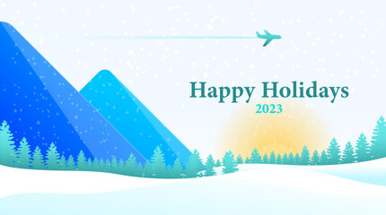 New Year Christmas card winter landscape with airplane and tree forest and snow nature with sunset