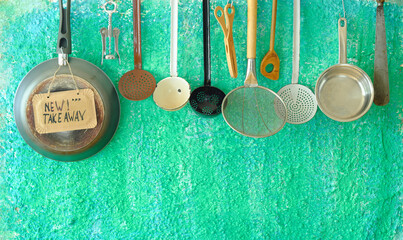 various professional kitchen utensils and take away sign, delivery service offer,food and drink,...