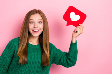 Photo portrait of lovely pupil girl excited hold social media heart wear trendy green knitwear clothes isolated on pink color background