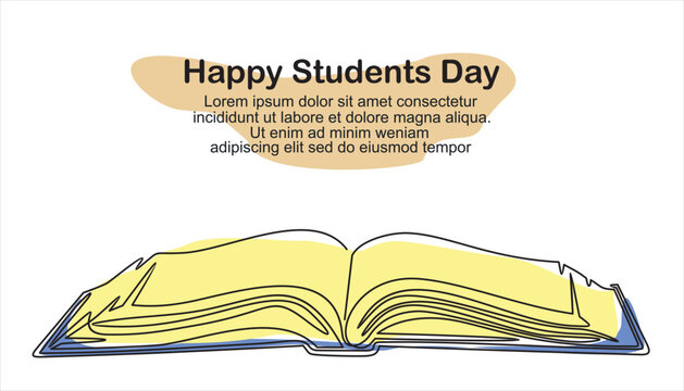 Happy students Day! Continuous one single line drawing of book.