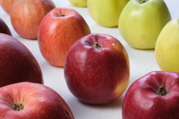 Green and red apples close up. Juicy fruits. Useful snack. Vegetarian food. Delicious, healthy snack. Vitamins, microelements. Fat burning. copy space, apple banner