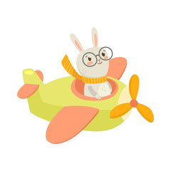 Cute comic bunny flying on airplane cartoon illustration. Funny little animal character in scarf on green plane or aircraft. Transportation, vehicle, travel concept