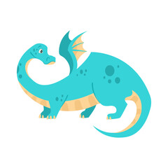 Blue dragon with small wings looking back cartoon illustration. Cute magical creature on white background. Fantasy, reptile concept