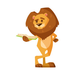 Cute lion cartoon character reading vector illustration. Drawing of smart comic animal standing and holding book isolated on white background. Library, wildlife concept