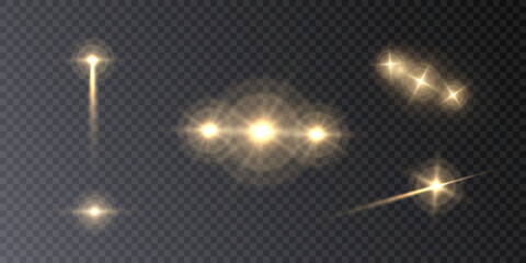 Golden flashes of light and glare. Laser beams of light. Beautiful light flashes. Glowing stripes on a transparent background. New star. Sun. Editable vector.