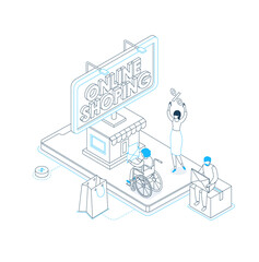 Online shopping line design style isometric illustration