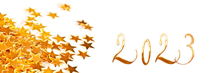 Golden numbers 2023 with christmas table star ornaments on white panoramic background, new year web...