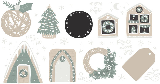 Scandinavian style Christmas decorations clipart and quotes set. Kraft beige and khaki green winter holiday wreath, Christmas tree, decorated cabin, house modern style hand-drawn images.