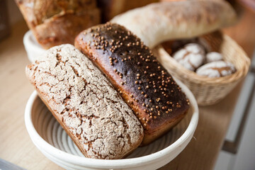 Tasty bread in a decorated holiday kitchen