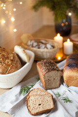 Tasty bread in a decorated holiday kitchen