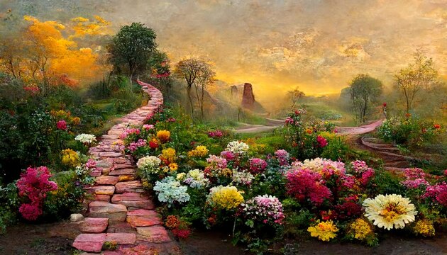 Paradise with a brick road leading to the mountains landscape illustration