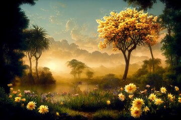 Obraz na płótnie Canvas Garden of Eden filled with yellow flowers landscape design illustration