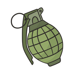 Green grenade doodle cartoon illustration. Explosive weapon. Army, weapon concept