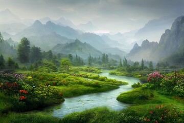 Garden of Eden untouched nature landscape with mountains and a river - obrazy, fototapety, plakaty
