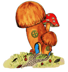 isolated Mushroom, fungi - whimsical mushroom house with fallen rowan berries and leaves illustration