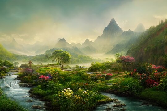 Mountains in the Garden of Eden landscape with flowers