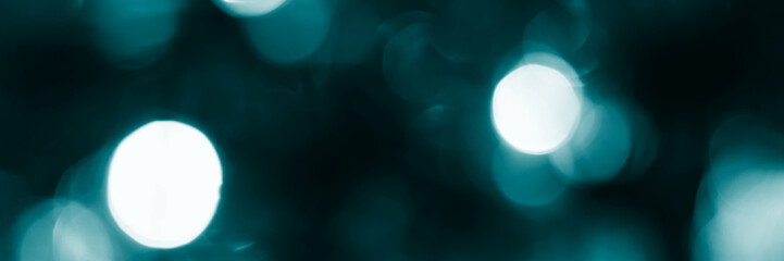 Blurred lights, dark blue background, banner texture. Abstract bokeh with soft light header. Wide...