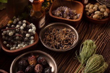 Natural medicine background. Assorted dry herbs in bowls, mortar and plants on rustic wooden table.