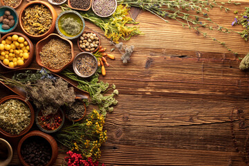 Natural medicine background. Assorted dry herbs in bowls, mortar and plants on rustic wooden table.