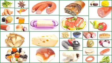 large group of food on white background.