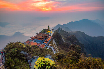 The Kim Son Bao Thang Pagoda at the top of Fansipan mountain 3143m is the highest in Vietnam. Sapa, Lao Cai - obrazy, fototapety, plakaty