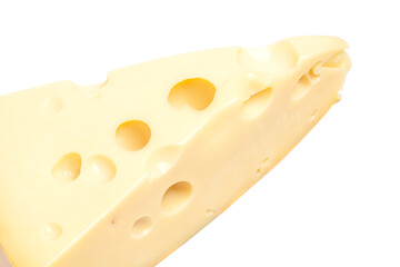 Piece of cheese with big holes, isolated on white background