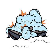 Comic book of warship ruined in battle cartoon illustration. Ship in cloud of smoke on water, boat fighting or exploding in sea. Military action, explosion concept © SurfupVector