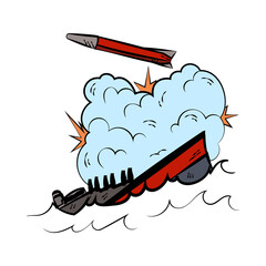 Comic book of ship attacked by missiles cartoon illustration. Warship or boat fighting in sea, exploding bombs. Military action, explosion concept © SurfupVector